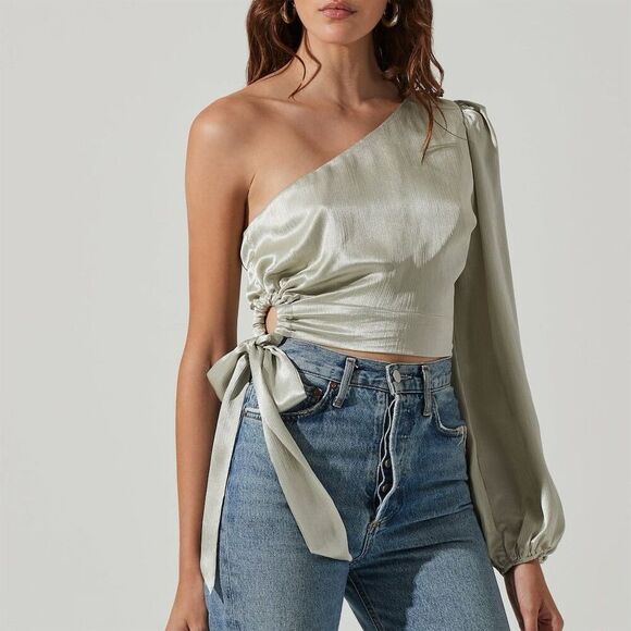 ASTR The Label Women's One Shoulder Side Tie Long Sleeve Top Green Satin Size L - Picture 1 of 8